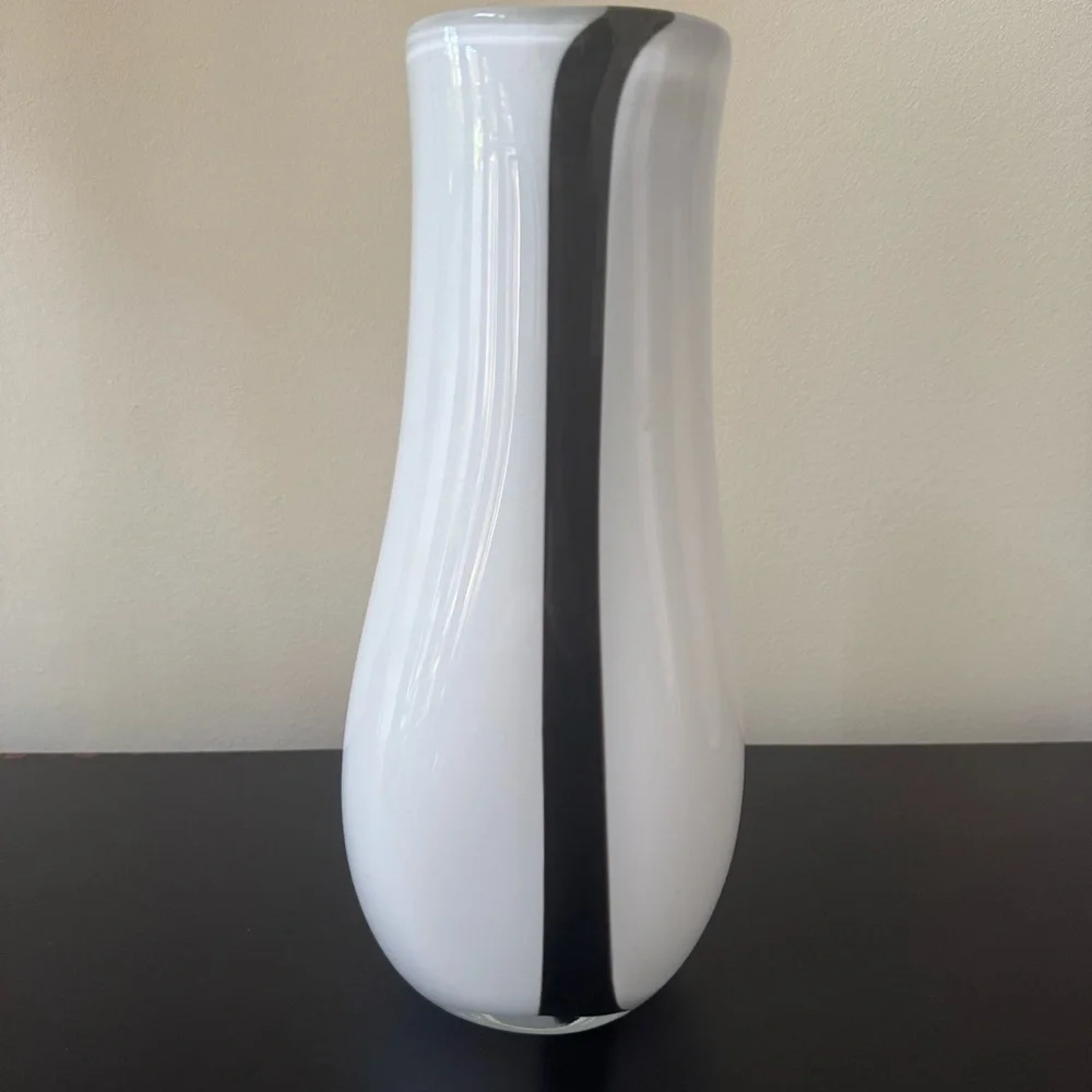 Mid century vase made of glass in white with black swirling stripes 60s vintage